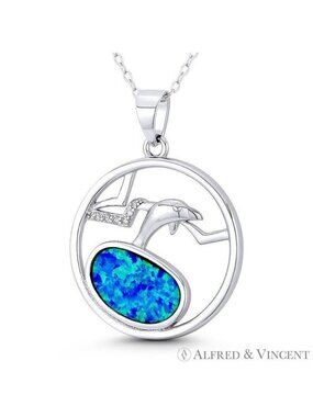 Dolphin Sealife Charm Boho Lab-Created Opal & CZ Pendant in .925 Sterling Silver